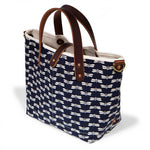 japanese navy and dragonfly print and mini tote with brown leather handles