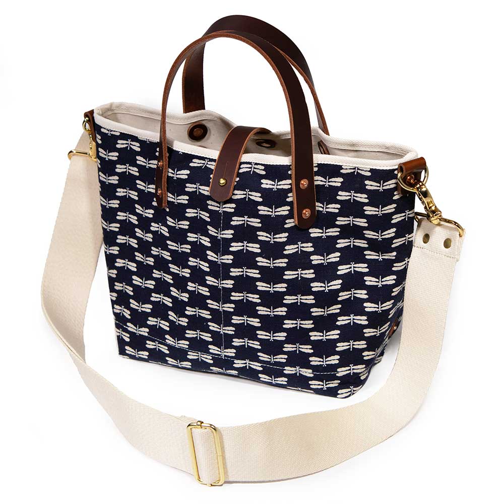 shoulder strap japanese navy and dragonfly print and mini tote with brown leather handles