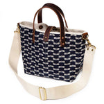 shoulder strap japanese navy and dragonfly print and mini tote with brown leather handles