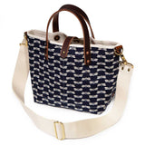 shoulder strap japanese navy and dragonfly print and mini tote with brown leather handles