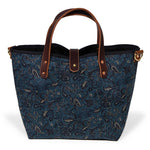 Indigo paisley print mini tote with brown leather handles