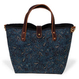 Indigo paisley print mini tote with brown leather handles
