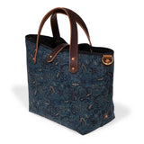 Indigo paisley print mini tote with brown leather handles