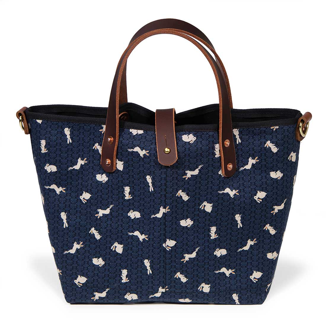 nousagi japanese navy and rabbit print mini tote with brown leather handles