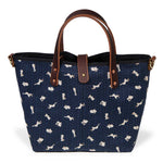 nousagi japanese navy and rabbit print mini tote with brown leather handles