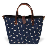 nousagi japanese navy and rabbit print mini tote with brown leather handles
