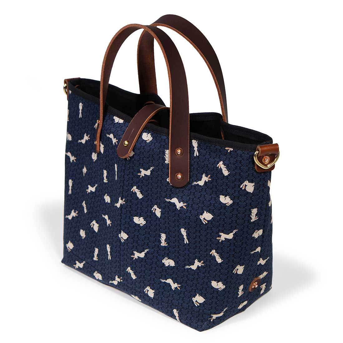 nousagi japanese navy and rabbit print mini tote with brown leather handles