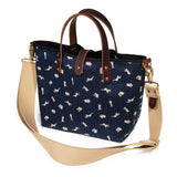 shoulder strap nousagi japanese navy and rabbit print mini tote with brown leather handles