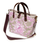 shoulder strap sand and pink toile mini tote with brown leather handles