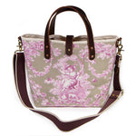 Shoulder strap sand and pink toile mini tote with brown leather handles
