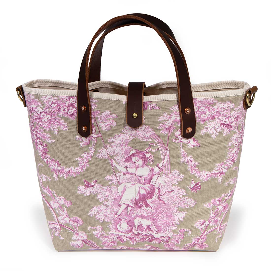 sand and pink toile mini tote with brown leather handles