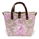 sand and pink toile mini tote with brown leather handles