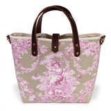 sand and pink toile mini tote with brown leather handles
