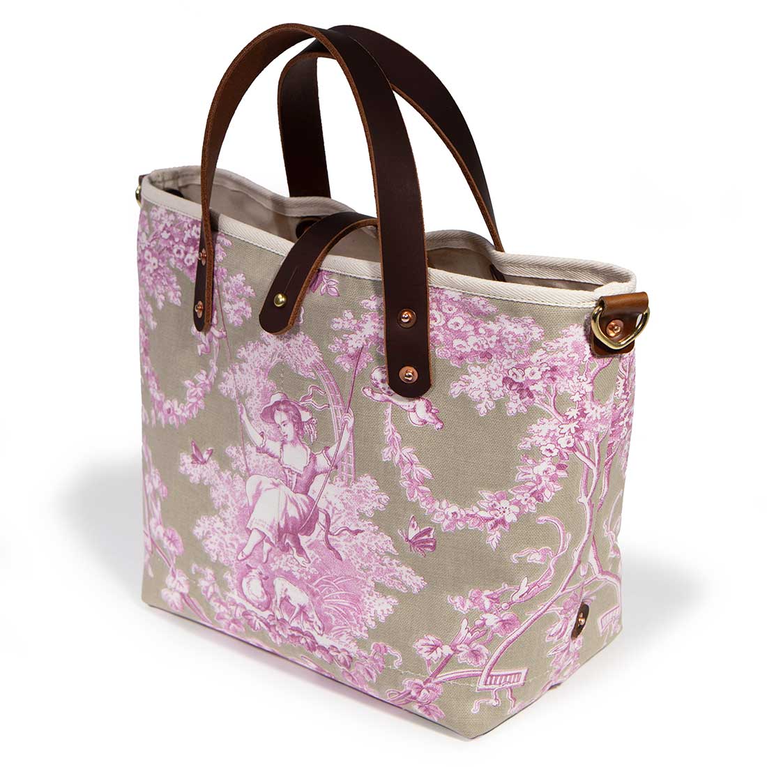 sand and pink toile mini tote with brown leather handles