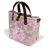 sand and pink toile mini tote with brown leather handles