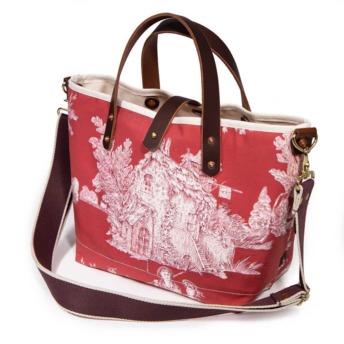 Shoulder strap red toile mini tote with brown leather handles