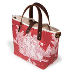 red toile mini tote with brown leather handles