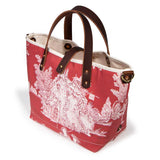 red toile mini tote with brown leather handles