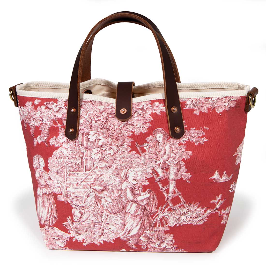 red toile mini tote with brown leather handles