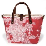 red toile mini tote with brown leather handles