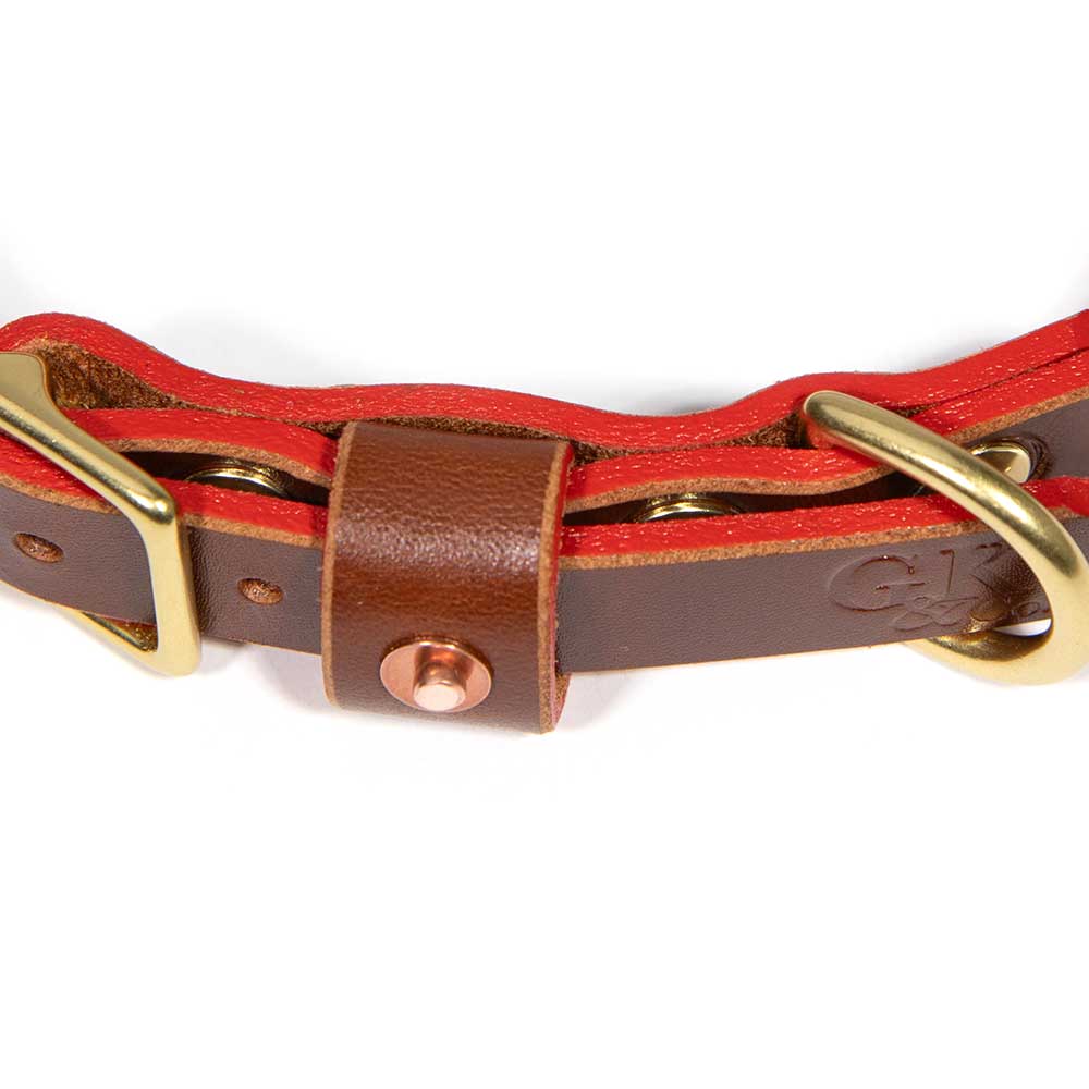 Brown Bridle Leather Dog Collar - Fire Red