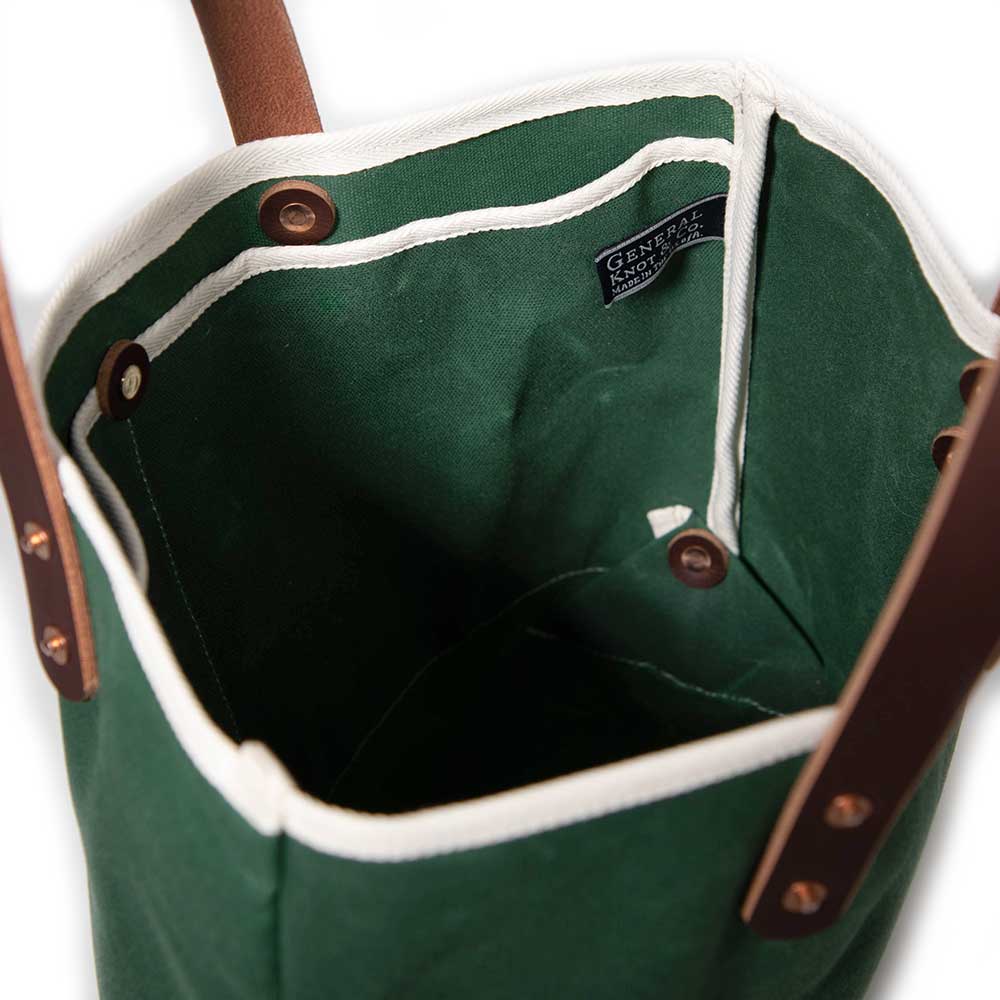 interior tennis green waxed canvas mini tote with brown leather handles