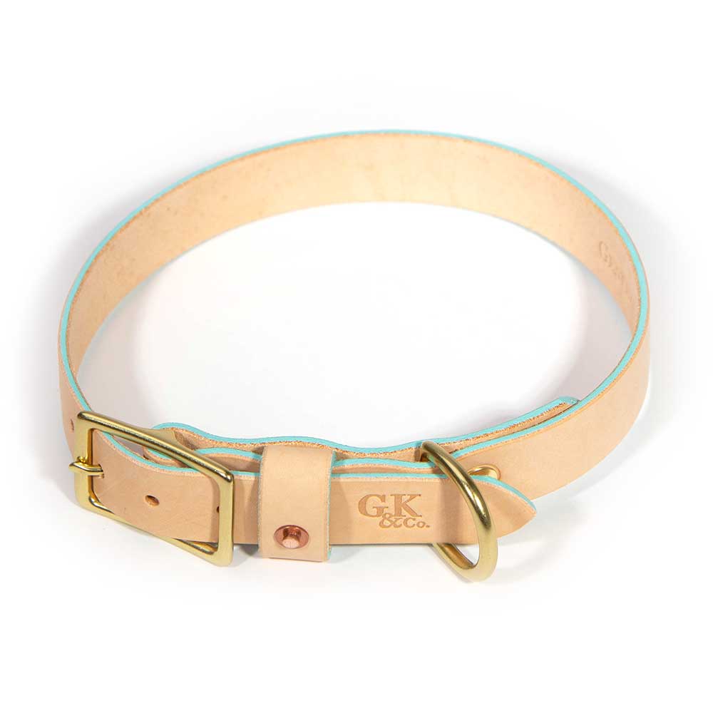 Blonde leather dog collar with robin's egg blue stripe