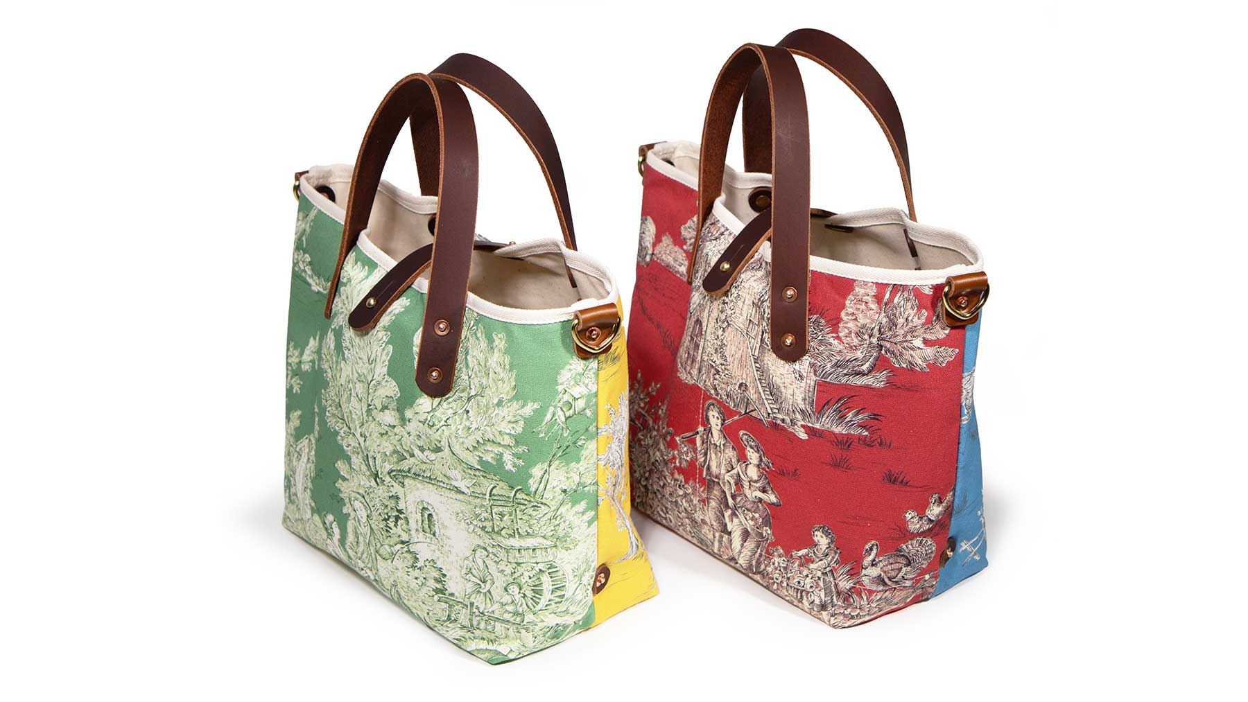 Collection red and light blue patchwork toile mini tote with brown leather handles