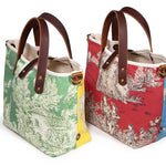 Collection red and light blue patchwork toile mini tote with brown leather handles