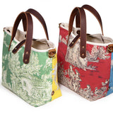 Collection red and light blue patchwork toile mini tote with brown leather handles