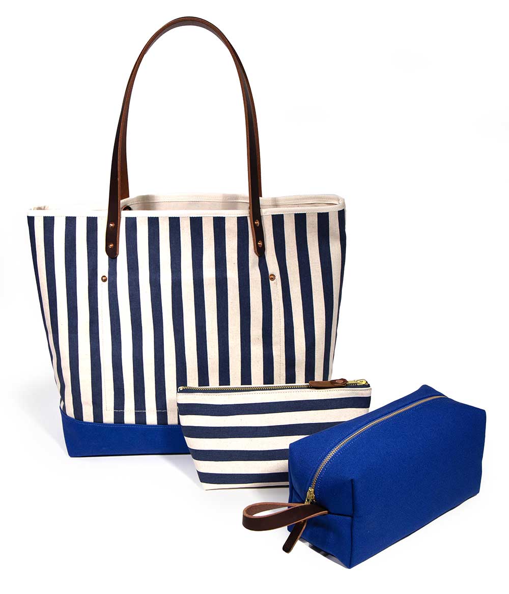 Collection Navy and white stripe canvas tote with blue bottom and brown leather handles