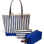 Collection Navy and white stripe canvas tote with blue bottom and brown leather handles
