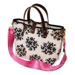 shoulder strap black and white floral mini tote with brown leather handles