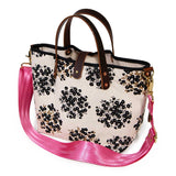 shoulder strap black and white floral mini tote with brown leather handles