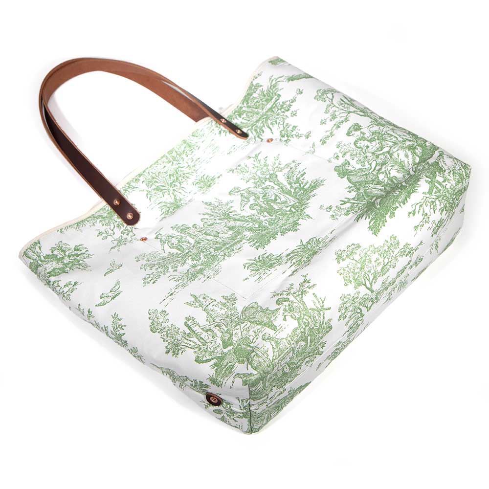 Greenleaf floral toile tote bag with brown leather straps