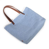 blue chambray tote bag with brown leather handles