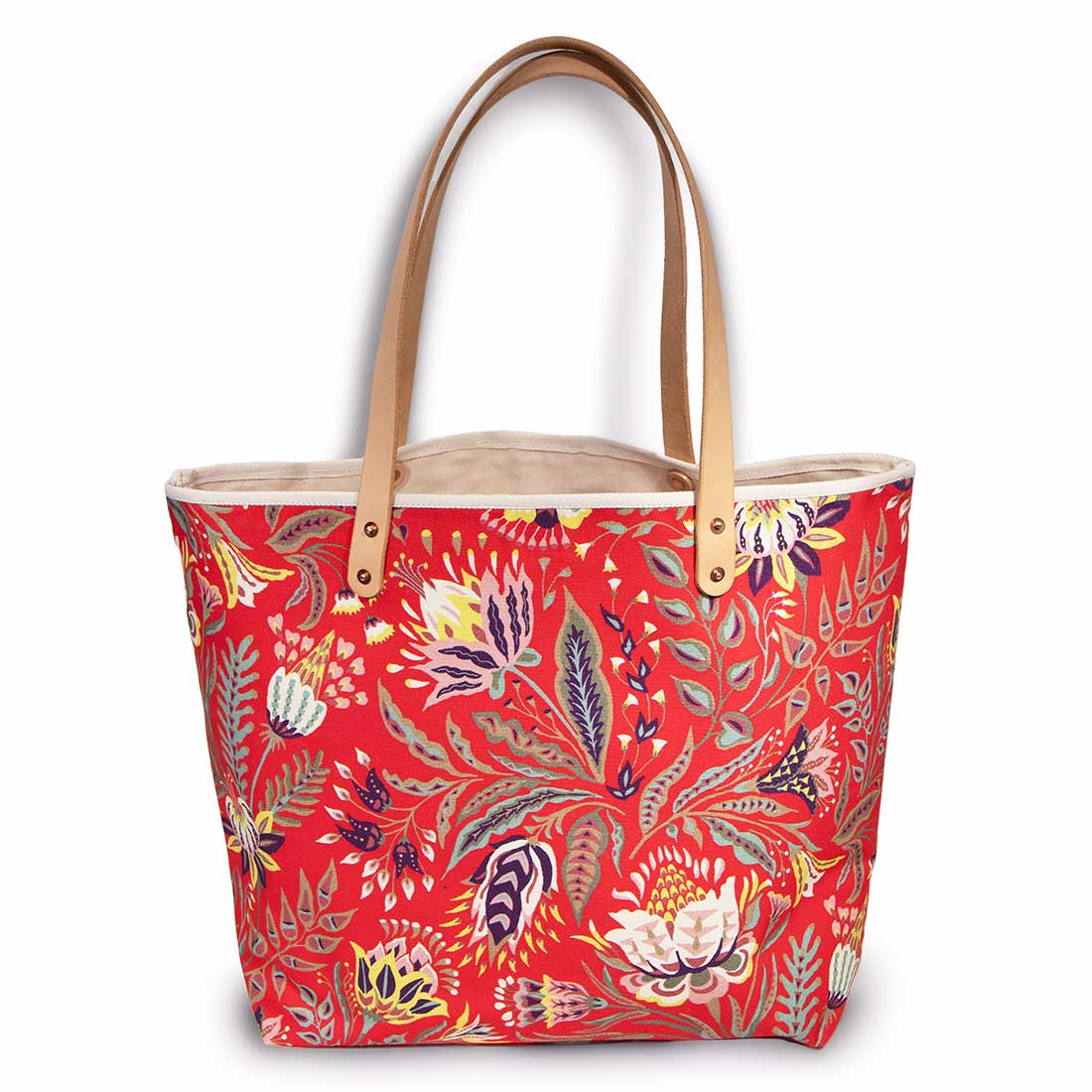 Red french country floral print tote with blonde leather handles