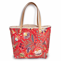 Red french country floral print tote with blonde leather handles
