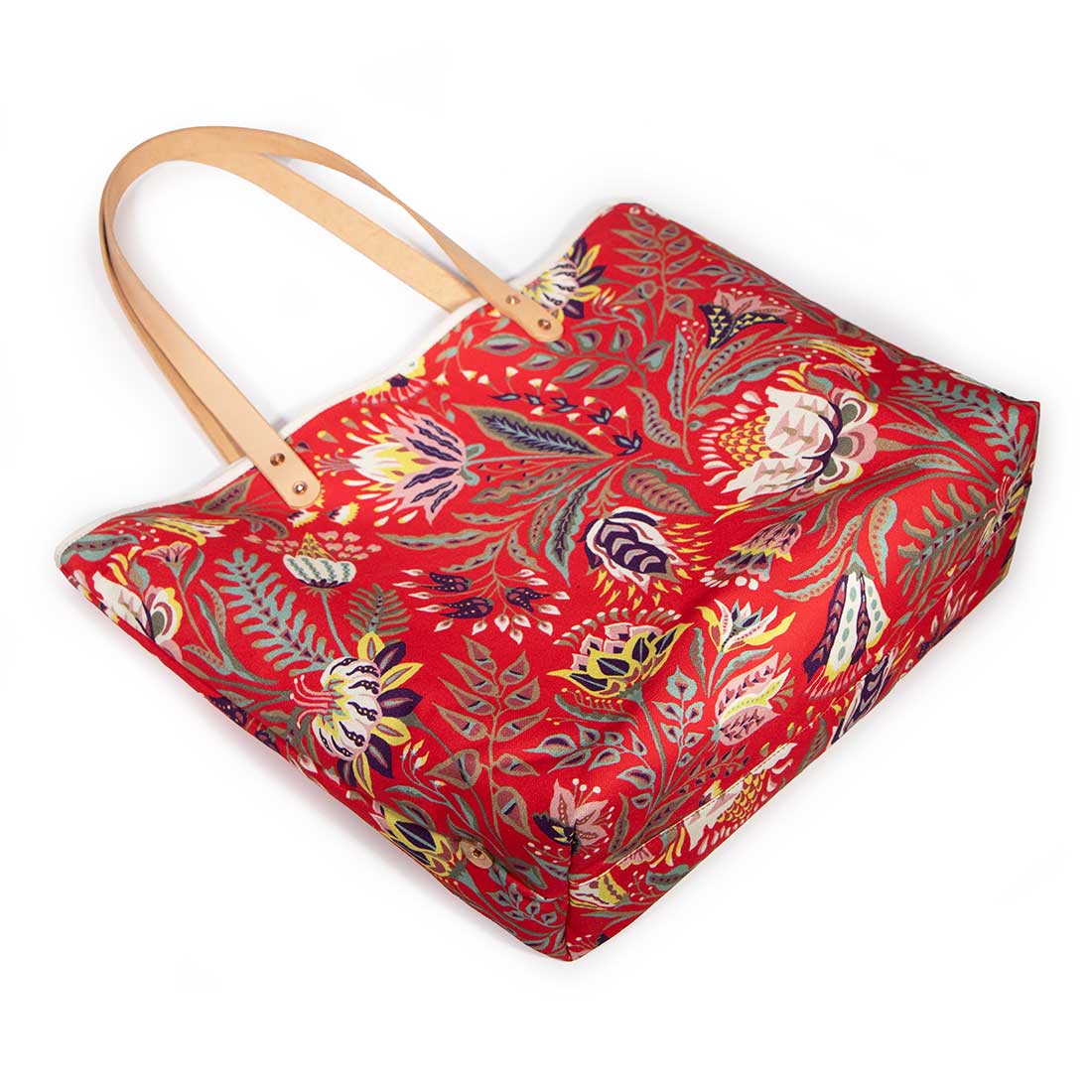 Red french country floral print tote with blonde leather handles