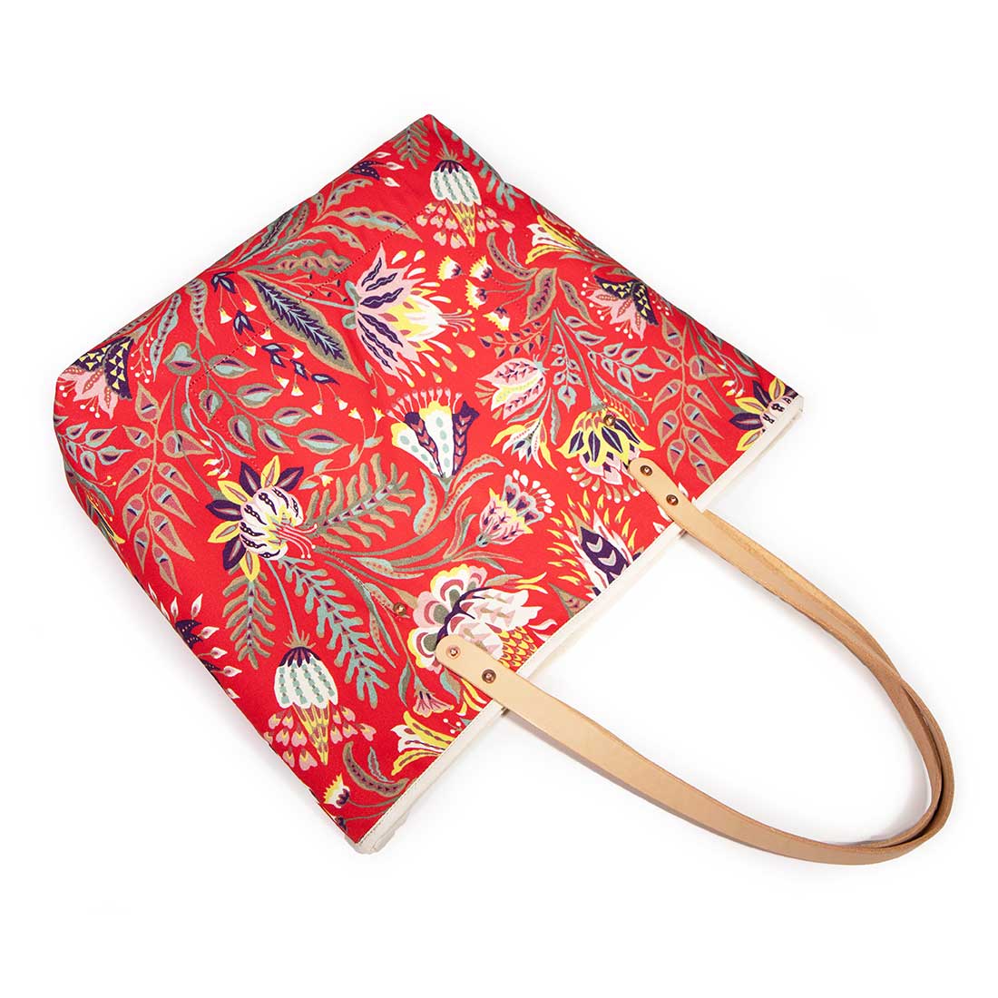 Red french country floral print tote with blonde leather handles
