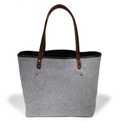 gray wool flannel tote bag with brown leather handles