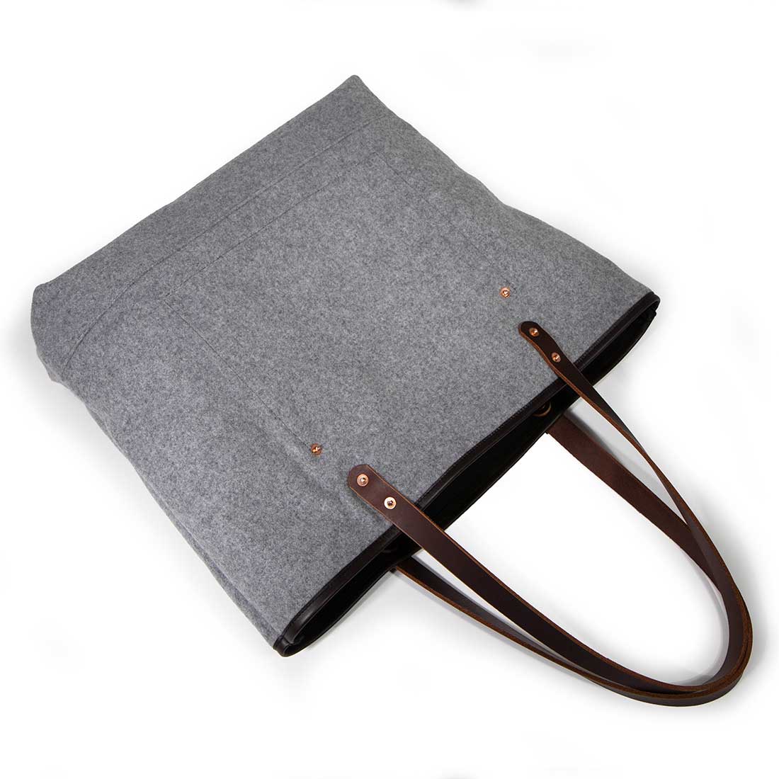gray wool flannel tote bag with brown leather handles