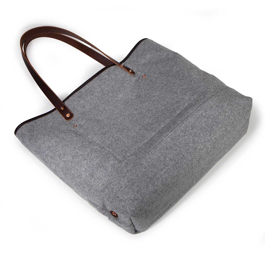 gray wool flannel tote bag with brown leather handles