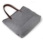 gray wool flannel tote bag with brown leather handles