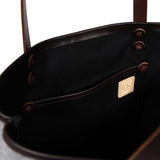 Interior gray wool flannel tote bag with brown leather handles