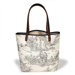French country black and white toile print tote with soft leather handles and water-resistant lining