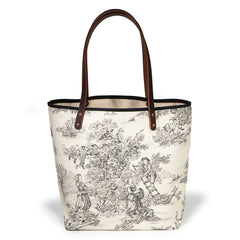 French country black and white toile print tote with soft leather handles and water-resistant lining