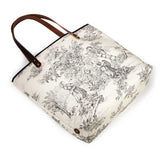 French country black and white toile print tote with soft leather handles and water-resistant lining