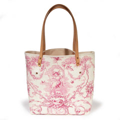 French country rose toile print tote with soft leather handles and water-resistant lining