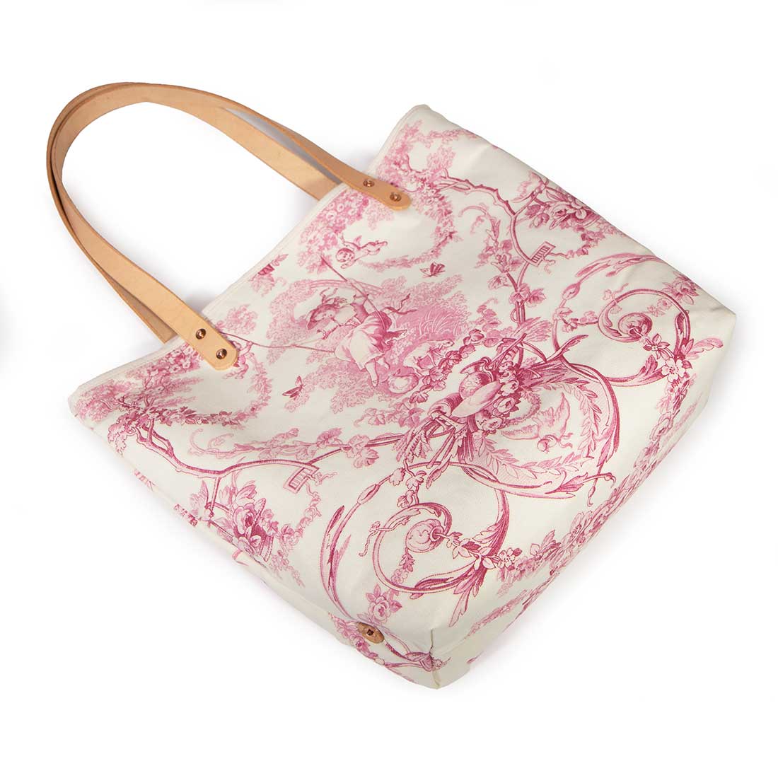 French country rose toile print tote with soft leather handles and water-resistant lining